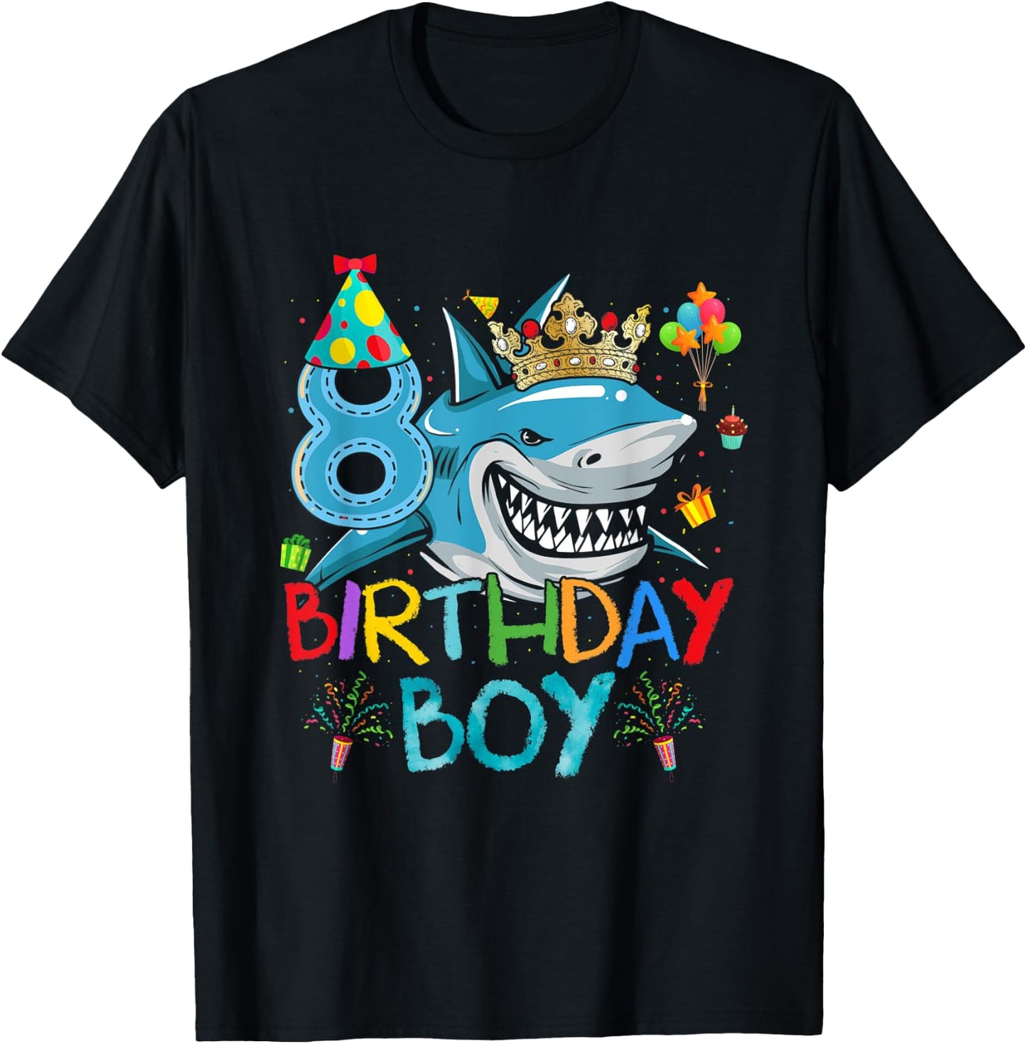 8th Birthday Shark Ocean Theme Party 8 Years Old For Boy T-Shirt - T-Shirt | Black
