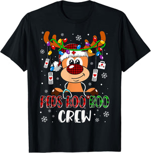 Peds Nurse Boo Crew Reindeer Nurse Buffalo Plaid Christmas T-Shirt - T-Shirt | Black