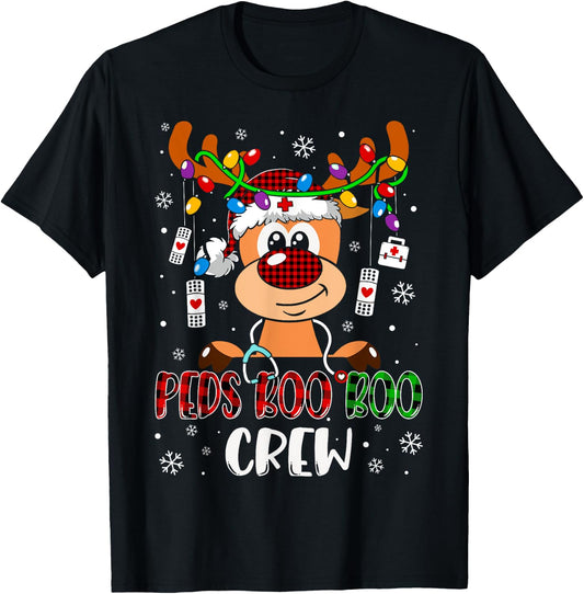 Peds Nurse Boo Crew Reindeer Nurse Buffalo Plaid Christmas T-Shirt - T-Shirt | Black