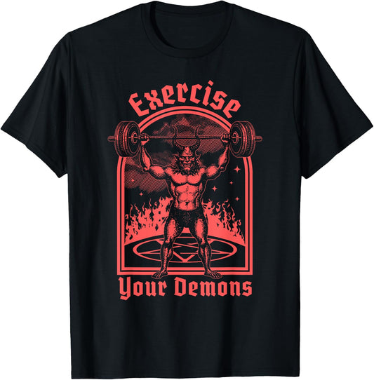 Exercise Your Demons - Satanic Baphomet Satan Funny Workout T-Shirt - T-Shirt | Black