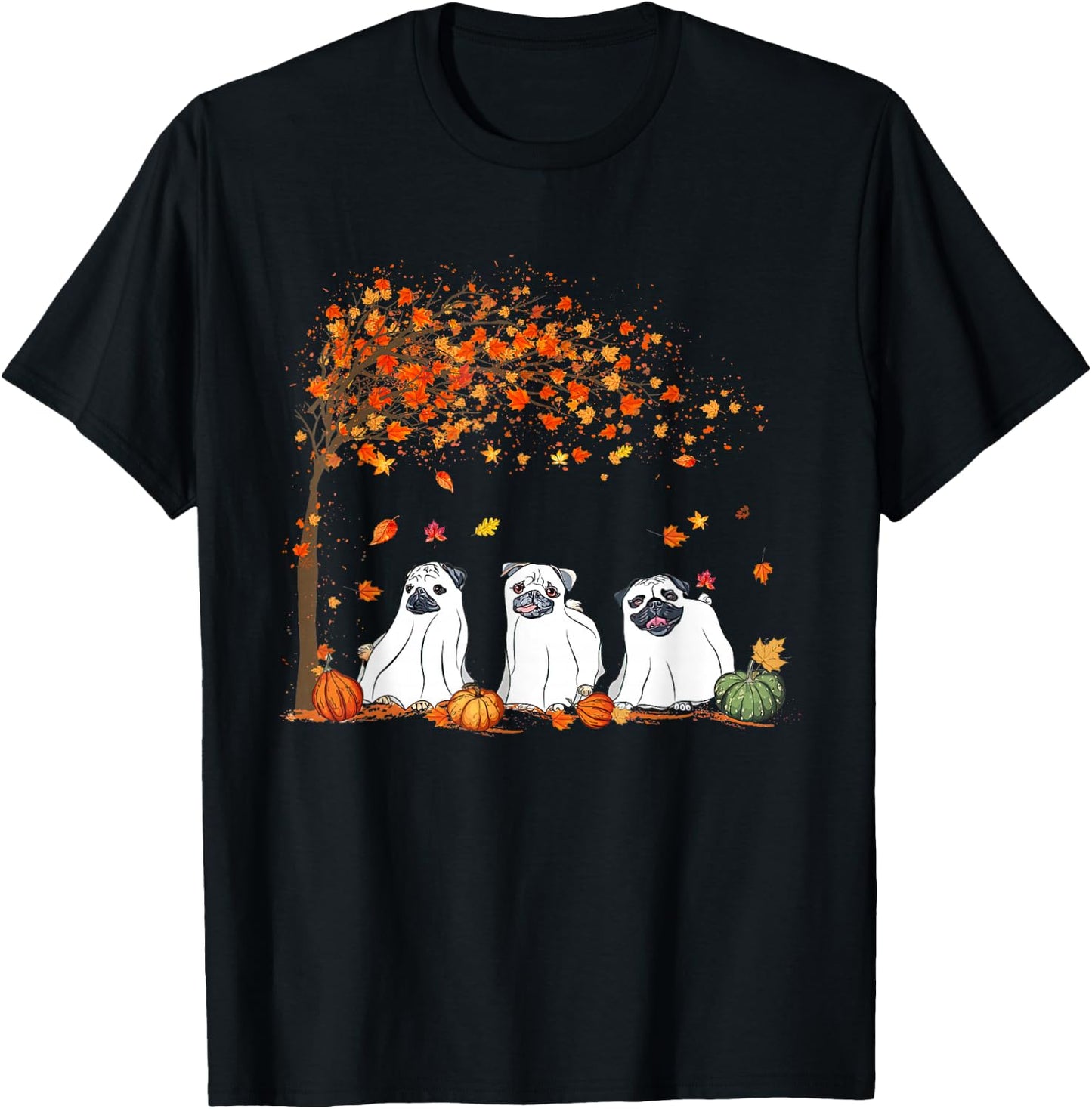 Pug Ghost Cute Under Fall Tree Halloween Autumn Dog Lovers Men Women T-Shirt - T-Shirt | Black