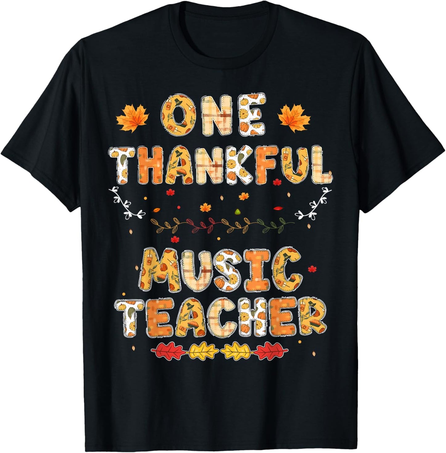 Rainbow Leopard One Thankful Music Teacher Thanksgiving T-Shirt - T-Shirt | Black