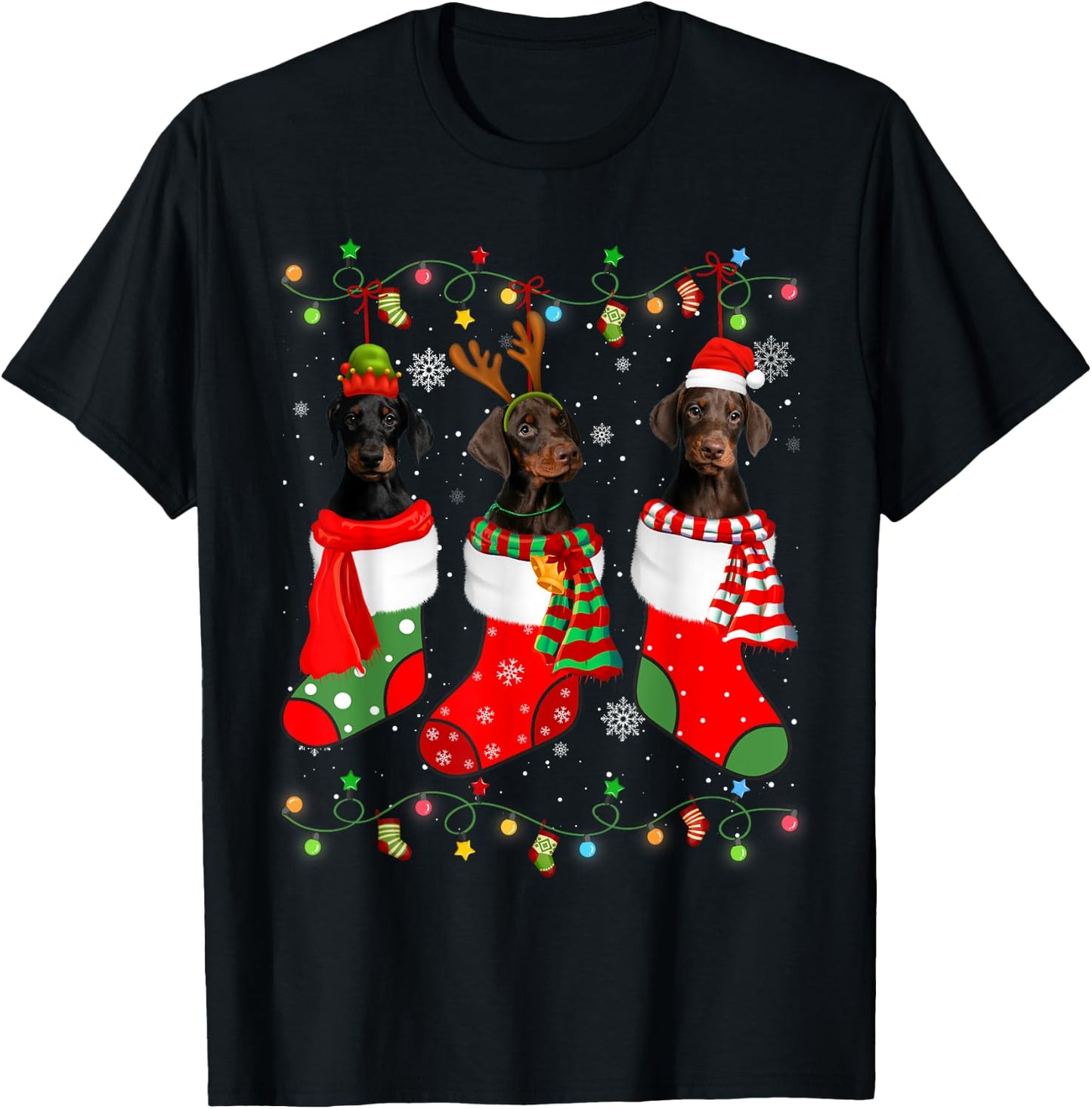 Doberman Dog Christmas Socks Santa Hat Xmas Lights T-Shirt - T-Shirt | Black