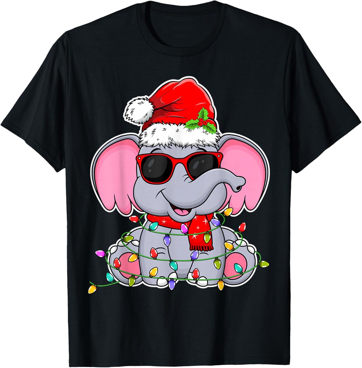 Elephant Wearing Glasses Santa Hat Elephant Lover Christmas T-Shirt - T-Shirt | Black
