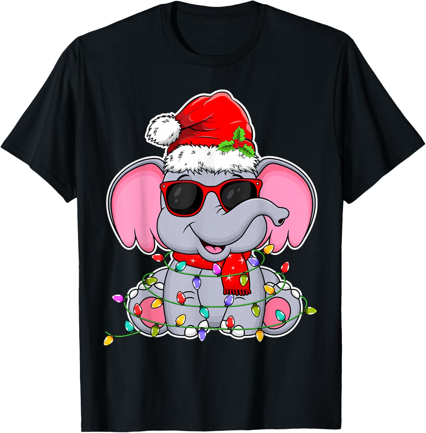 Elephant Wearing Glasses Santa Hat Elephant Lover Christmas T-Shirt - T-Shirt | Black