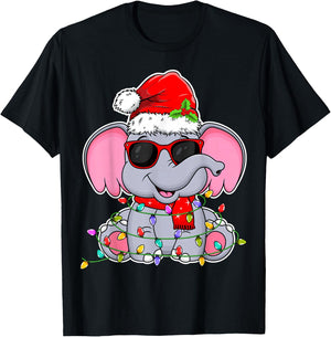 Elephant Wearing Glasses Santa Hat Elephant Lover Christmas T-Shirt - T-Shirt | Black