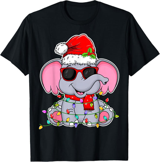 Elephant Wearing Glasses Santa Hat Elephant Lover Christmas T-Shirt - T-Shirt | Black