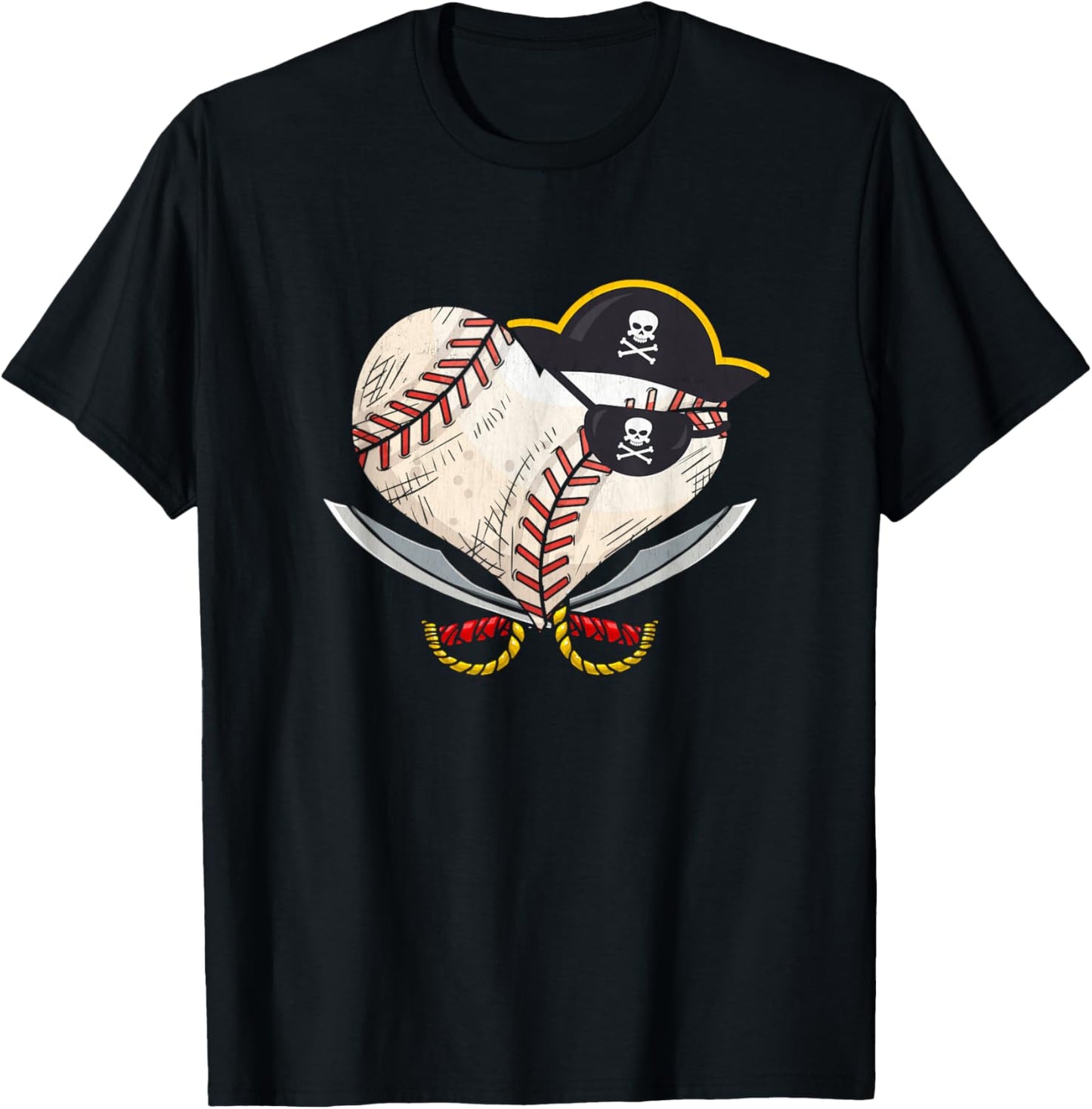 The Vintage Pirate Baseball Heart Ball With Skull Hat Sport T-Shirt - T-Shirt | Black