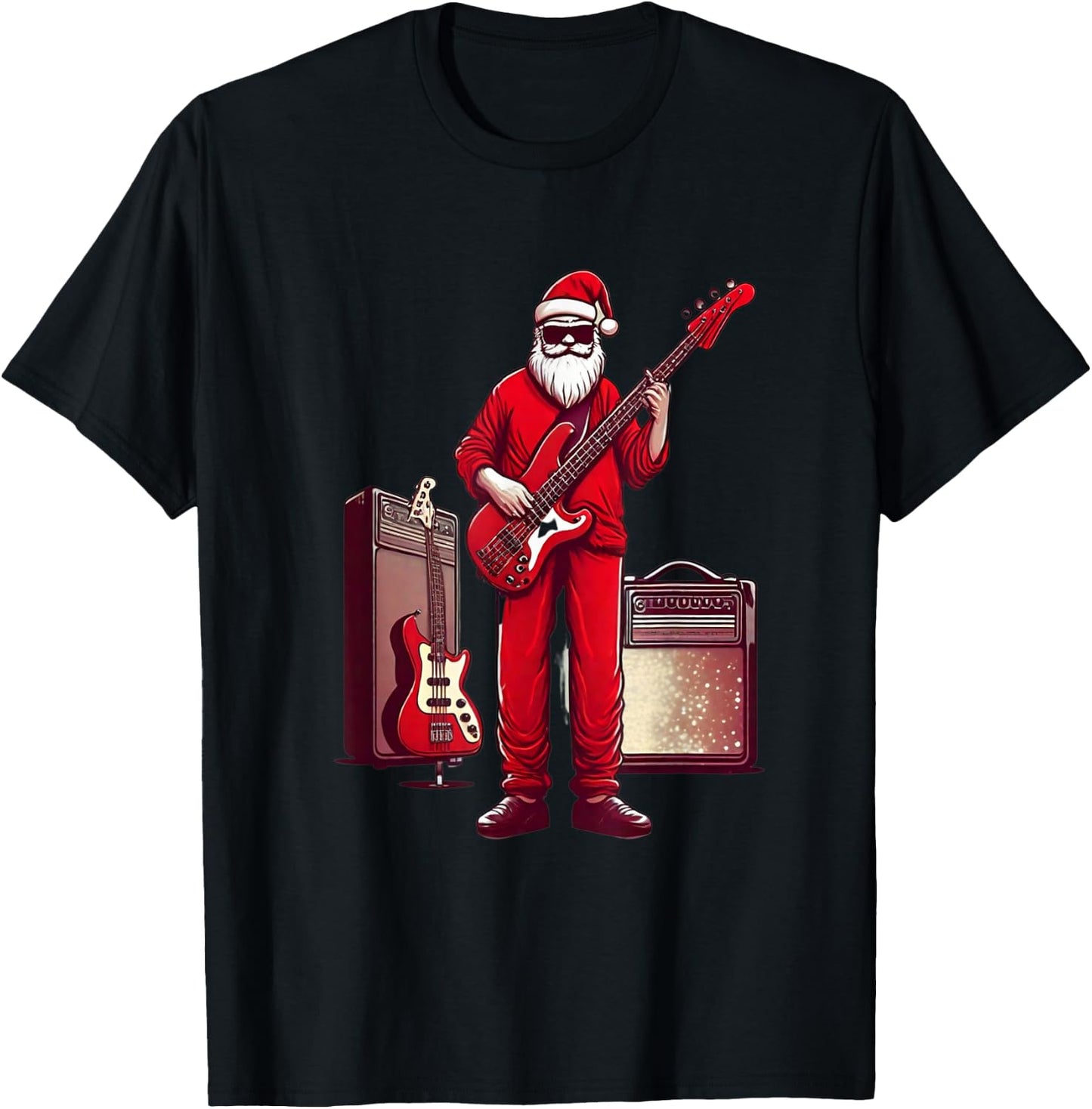 Santa Playing Guitar Bass Christmas Pajama Musician Bassist T-Shirt - T-Shirt | Black