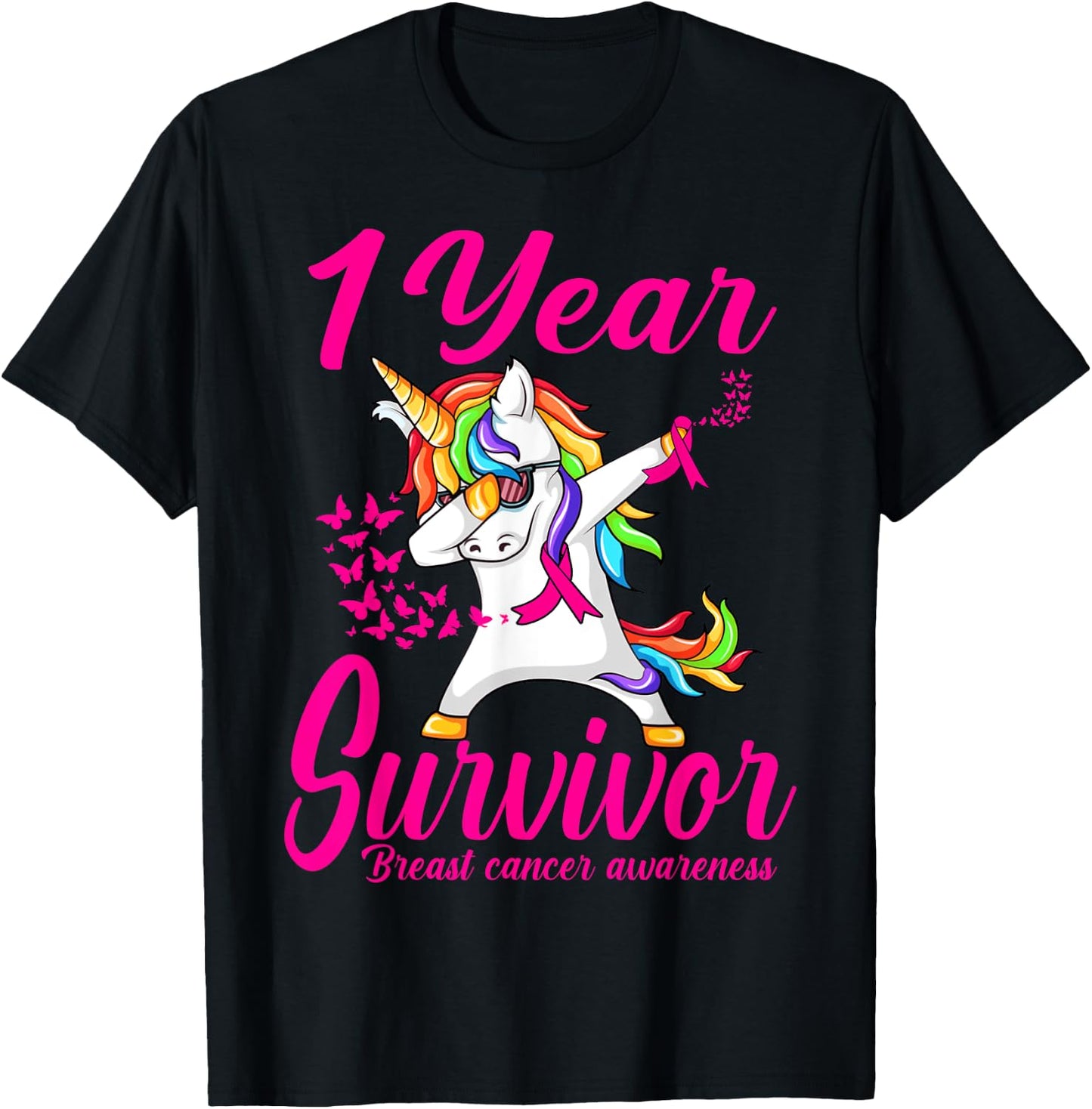 One 1 Years Survivor Breast Cancer Awareness Unicorn T-Shirt - T-Shirt | Black