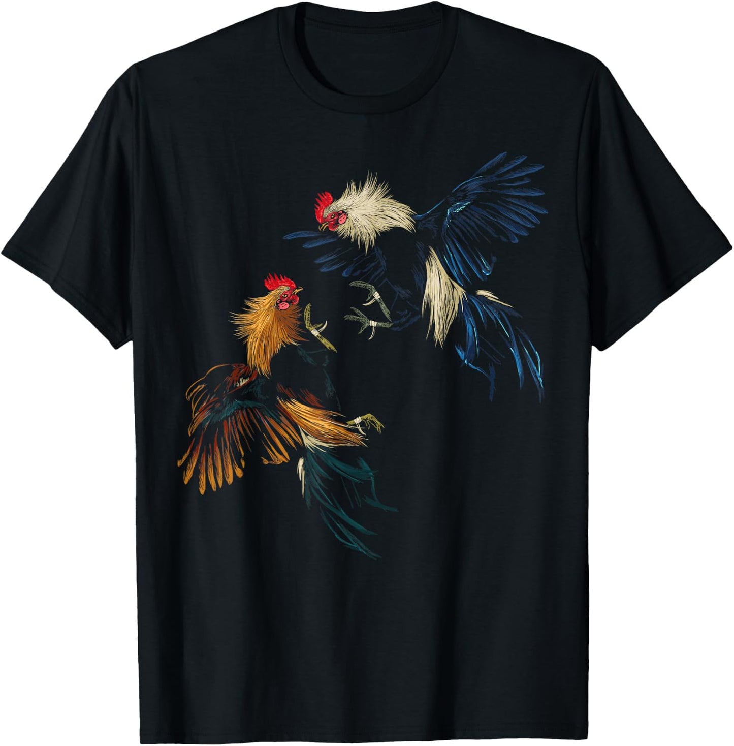 Peleas De Gallos Chickens Roosters Fighting - Black - Small - -Adults - Short Sleeve - Cotton 60%, Polyester 40% - Cockfighting Rooster Design - Classic Fit - Imported T-Shirt - T-Shirt | Black