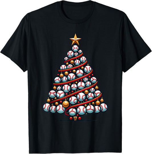 Baseball Christmas Tree For Sports Lovers Player T-Shirt - T-Shirt | Black