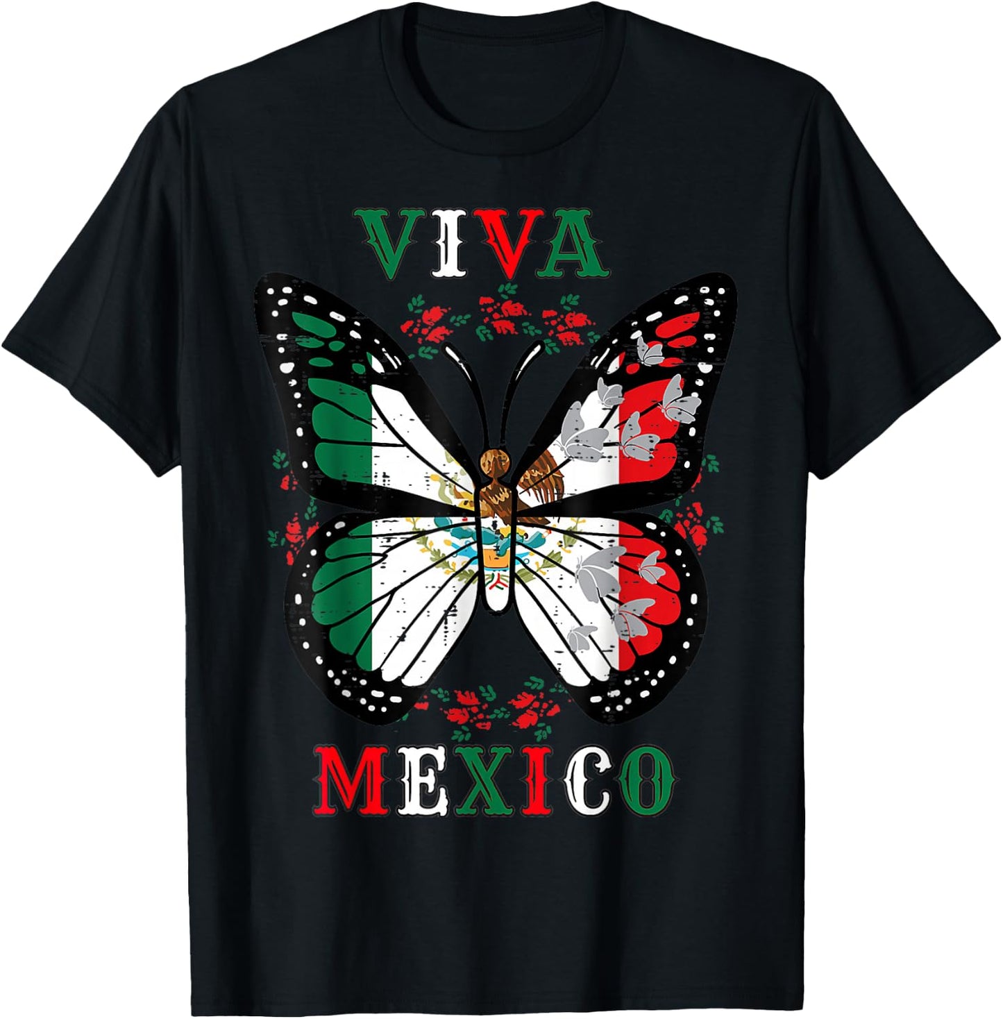 Viva Mexico Mexican Independence Day Butterfly Flag T-Shirt - T-Shirt | Black