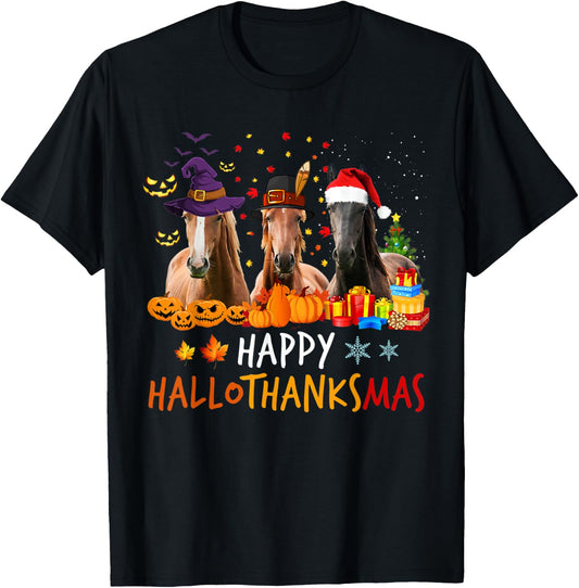 Horse Halloween Happy HalloThanksMas Thanksgiving Horses T-Shirt - T-Shirt | Black