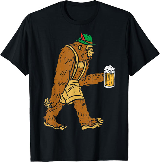 German Bigfoot Sasquatch Beer Lederhose Funny Oktoberfest T-Shirt - T-Shirt | Black