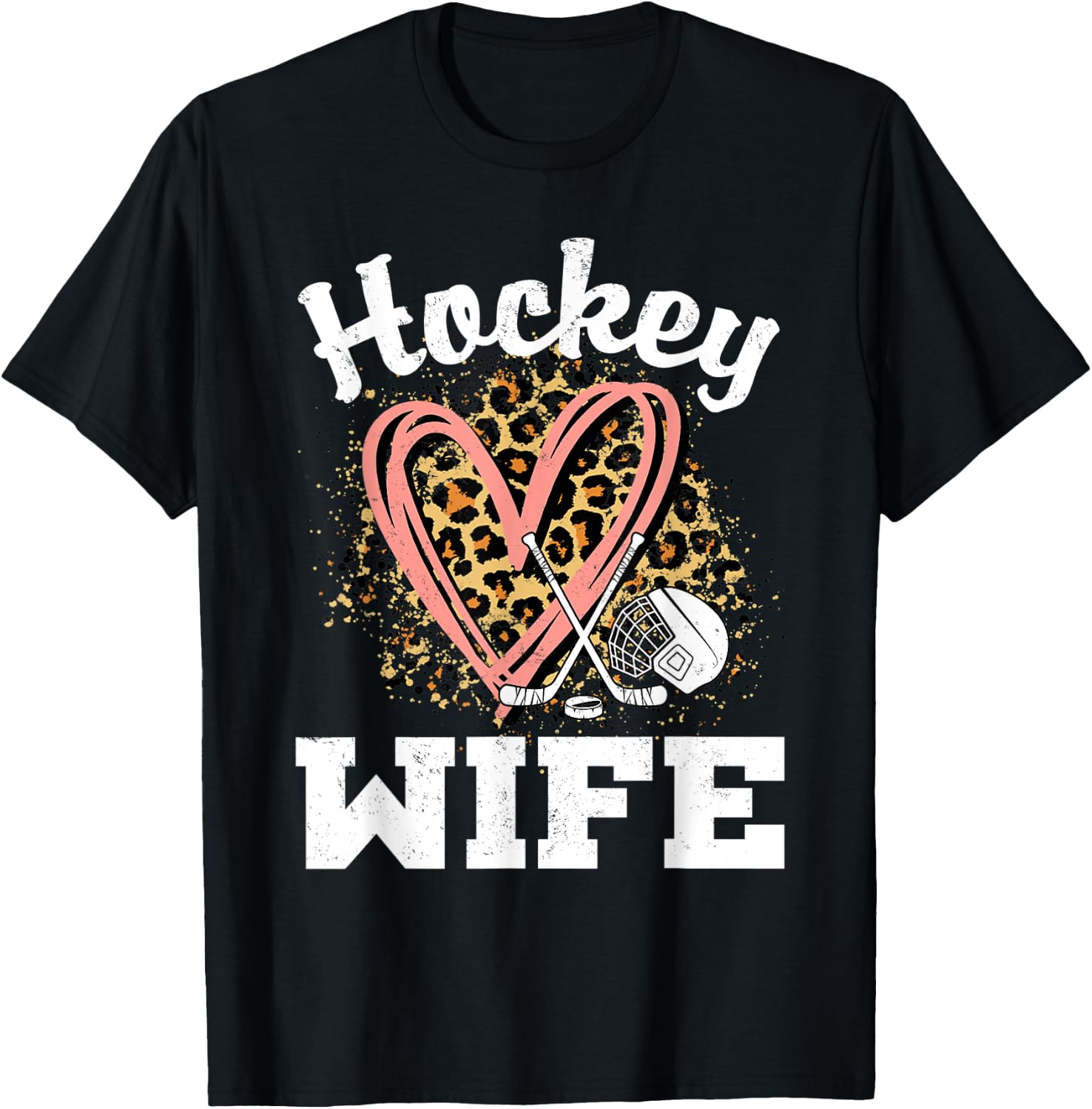 Hockey Wife Leopard Heart Ice Hockey T-Shirt - T-Shirt | Black