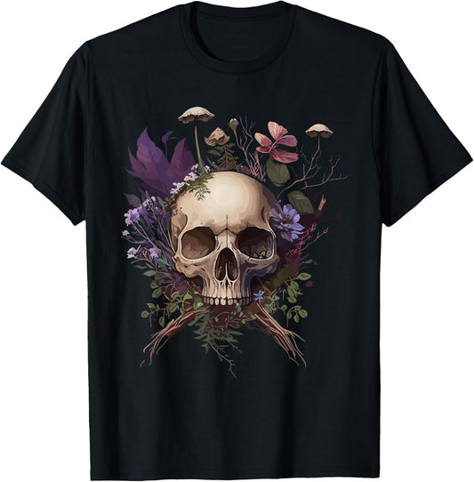 Cottagecore Skull Mushroom Collector Morel Mycologist Goth T-Shirt - T-Shirt | Black