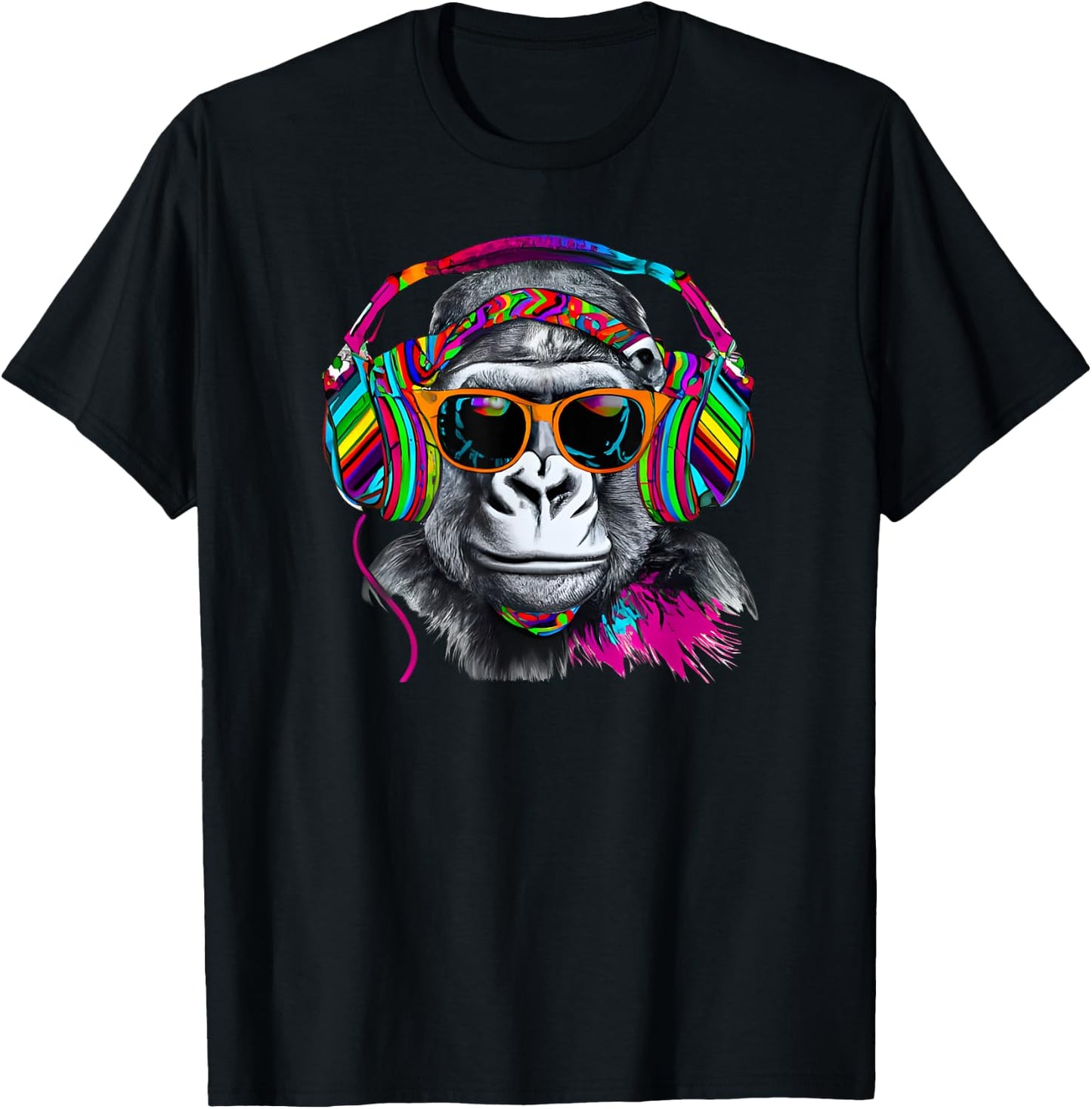 Rainbow Monkey Chimp With Sunglasses And Headphones T-Shirt - T-Shirt | Black