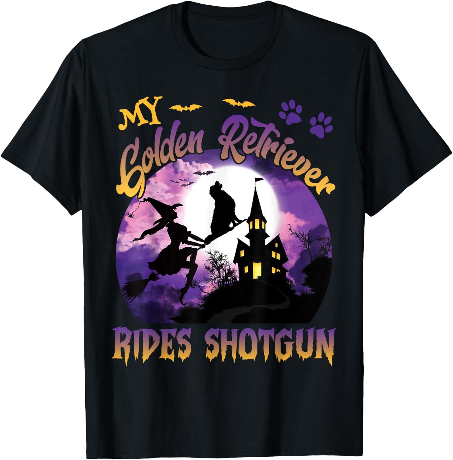 My Golden Retriever Rides Shotgun Cool Halloween Witch Dog T-Shirt - T-Shirt | Black