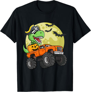 Kids Boys Halloween Monster Truck T-Rex Pirate Dinosaur Toddler T-Shirt - T-Shirt | Black