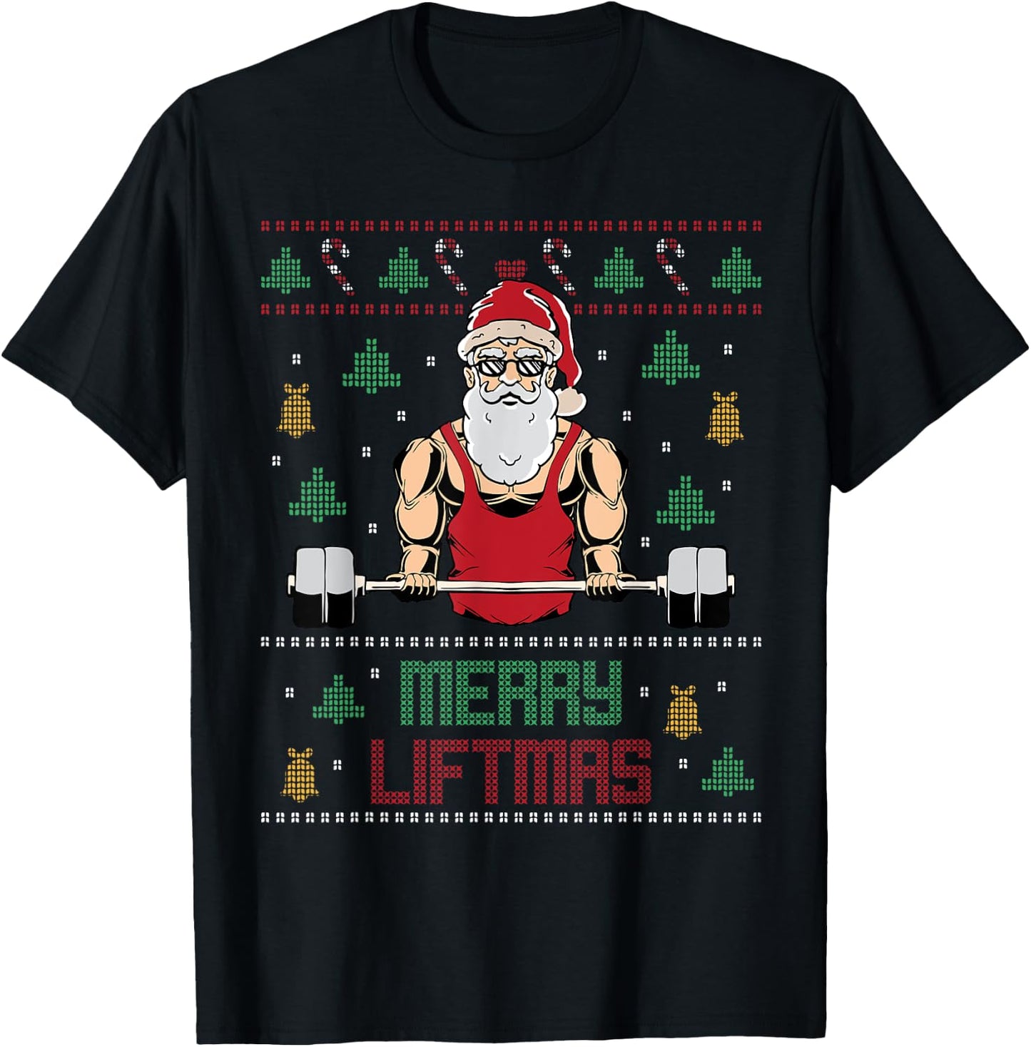 Merry Liftmas Ugly Christmas Sweater Weightlifting Gym Santa T-Shirt - T-Shirt | Black