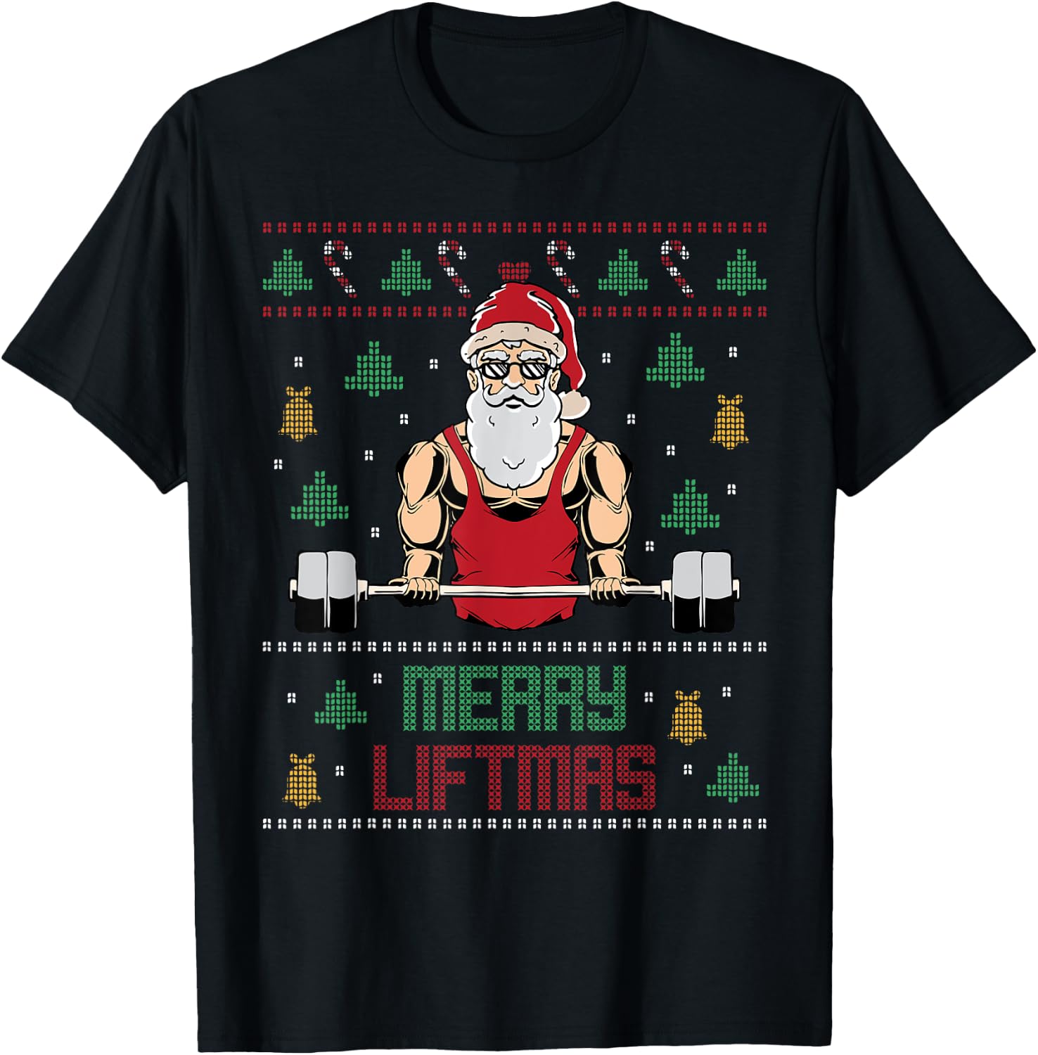 Merry Liftmas Ugly Christmas Sweater Weightlifting Gym Santa T-Shirt - T-Shirt | Black