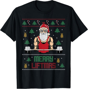 Merry Liftmas Ugly Christmas Sweater Weightlifting Gym Santa T-Shirt - T-Shirt | Black