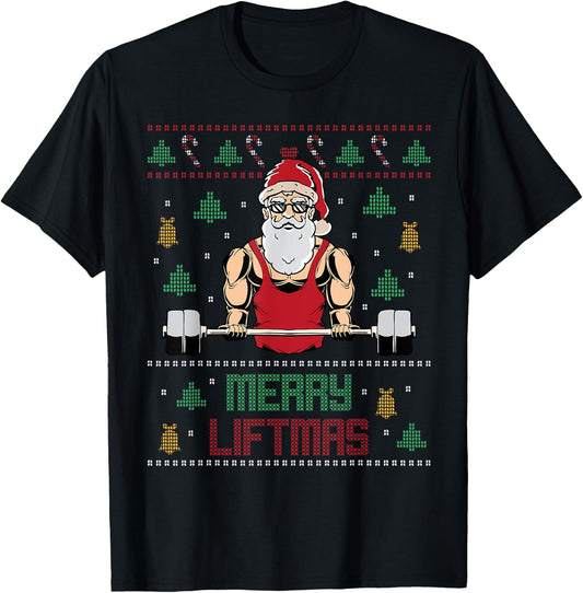 Merry Liftmas Ugly Christmas Sweater Weightlifting Gym Santa T-Shirt - T-Shirt | Black