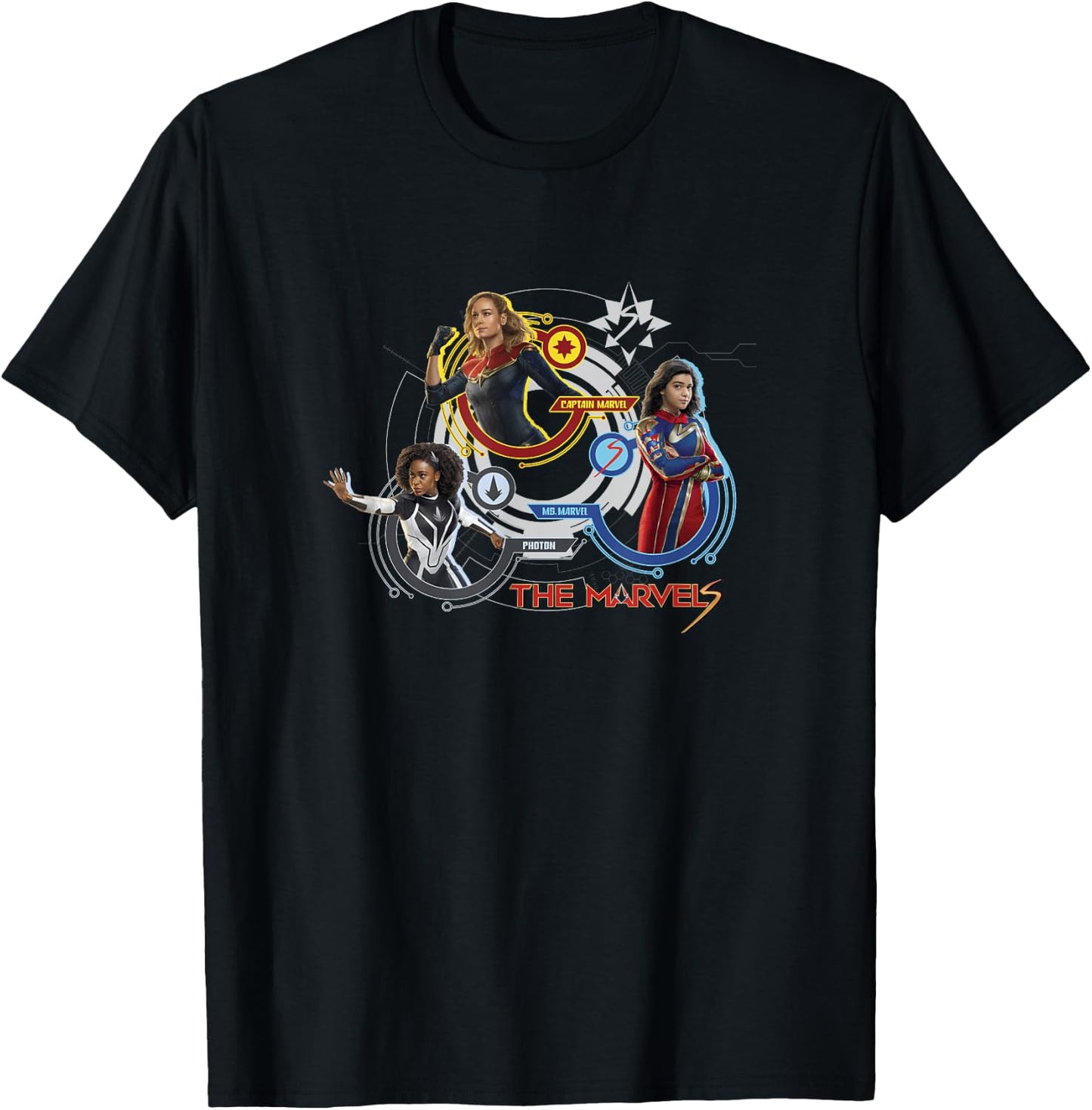Marvel The Marvels Super Hero Tech Screen Group Badges T-Shirt - T-Shirt | Black
