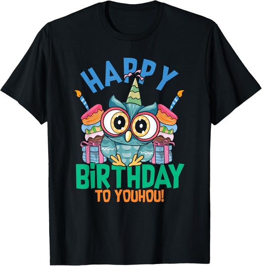 Happy Birthday To Youhou | Funny Owl | Birthday Cake T-Shirt - T-Shirt | Black