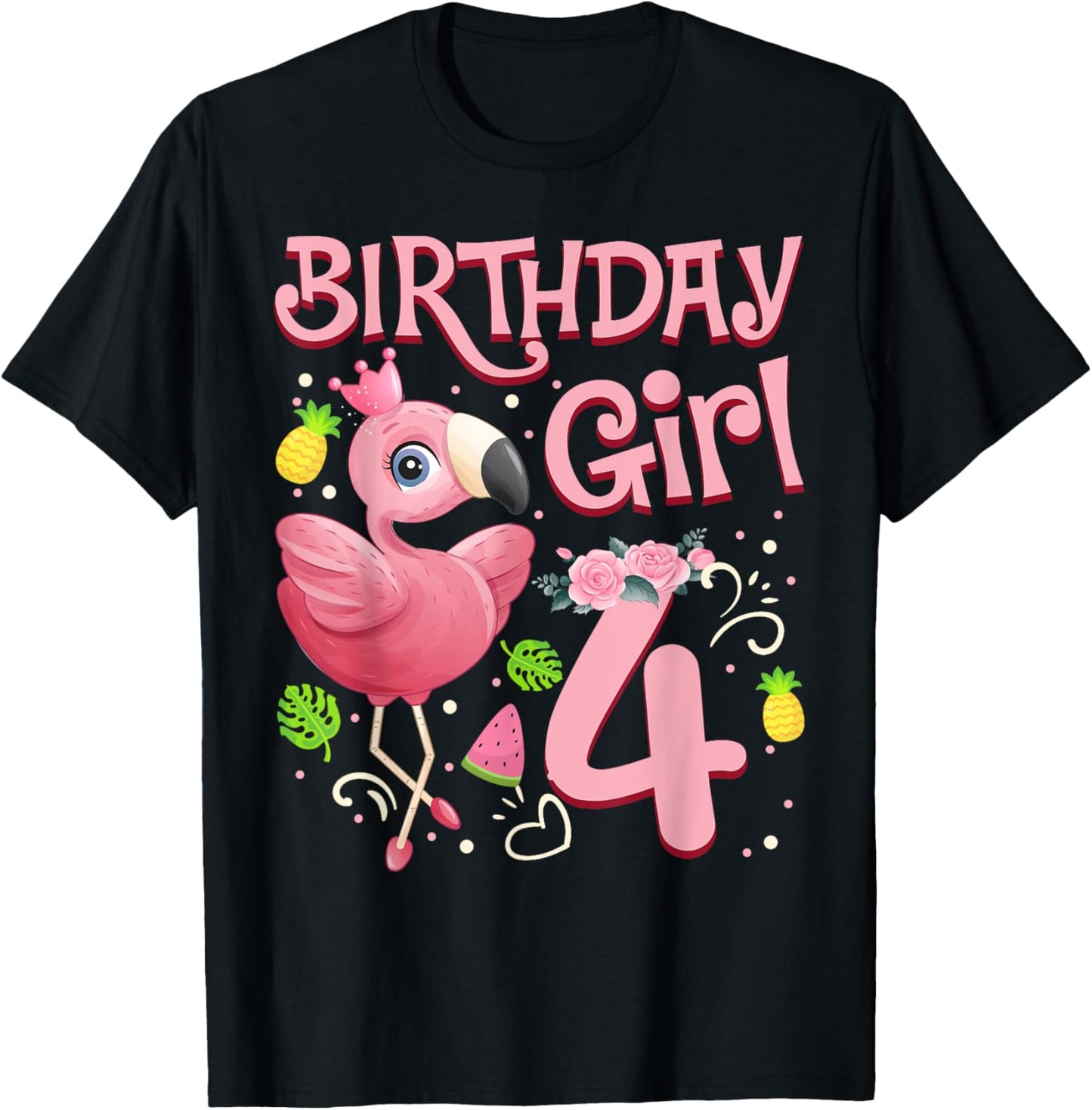4th Birthday Girls Flamingo 4 Years Old Tropical Flamingo T-Shirt - T-Shirt | Black