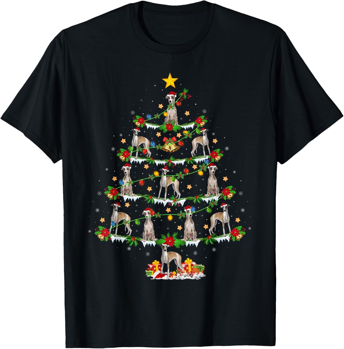 Holiday Xmas Lighting Santa Whippet Dog Christmas Tree T-Shirt - T-Shirt | Black
