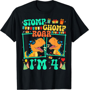 Stomp Chomp Roar I'm 4 Guitar Dinosaur Kid 4th Birthday T-Shirt - T-Shirt | Black