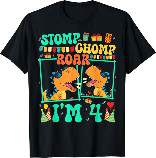 Stomp Chomp Roar I'm 4 Guitar Dinosaur Kid 4th Birthday T-Shirt - T-Shirt | Black