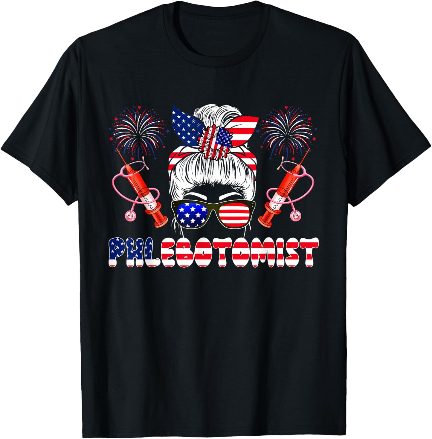 Phlebotomist 4th Of July Woman Bow Tie American Flag Lover T-Shirt - T-Shirt | Black