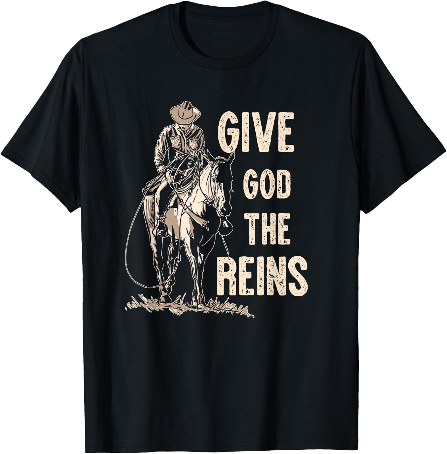 Retro Give God The Reins Cowboy Horse Riding Christian T-Shirt - T-Shirt | Black