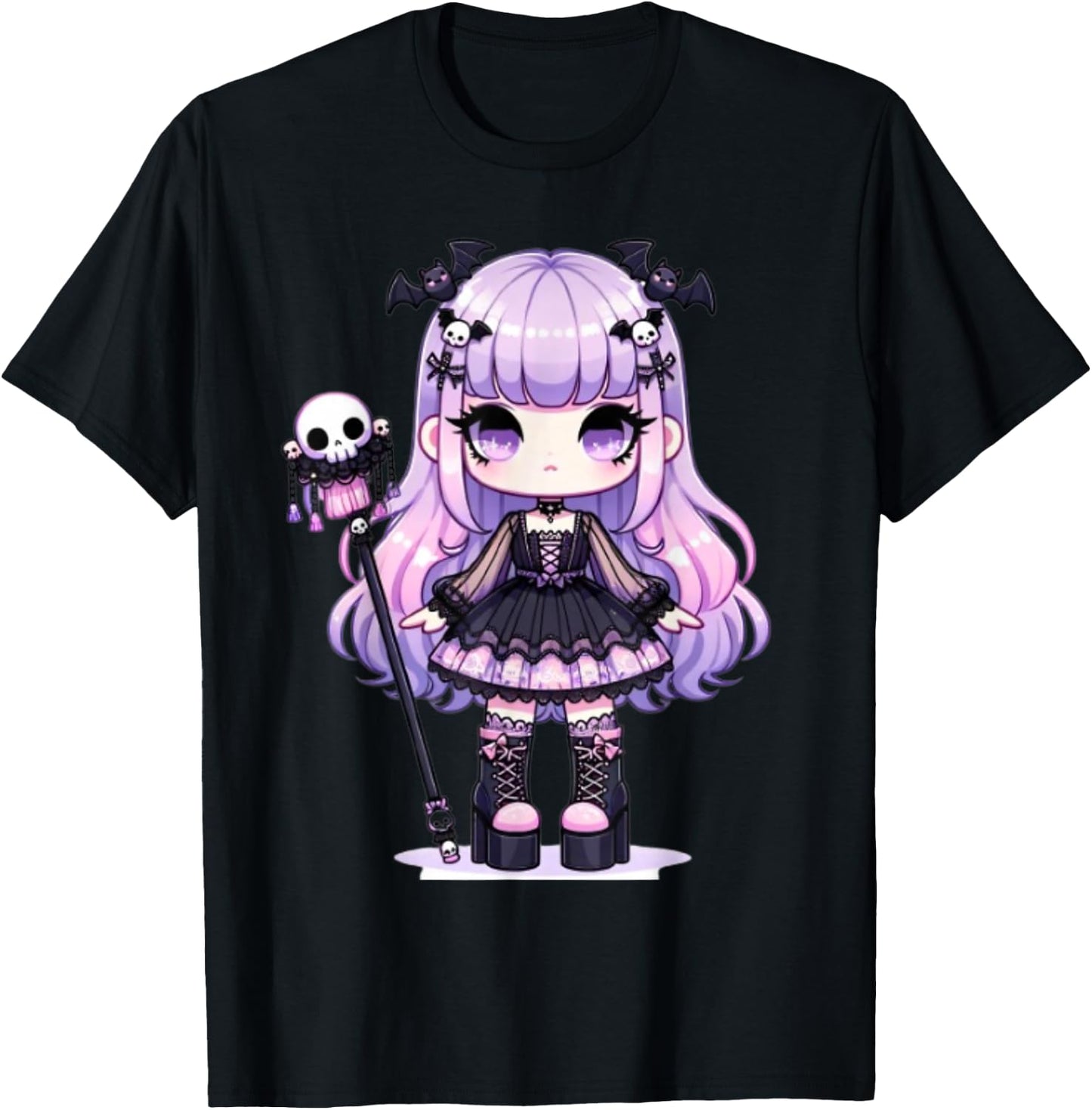 Lilac Chibi Pastel Goth Girl Kawaii Creepy Cute Anime T-Shirt - T-Shirt | Black