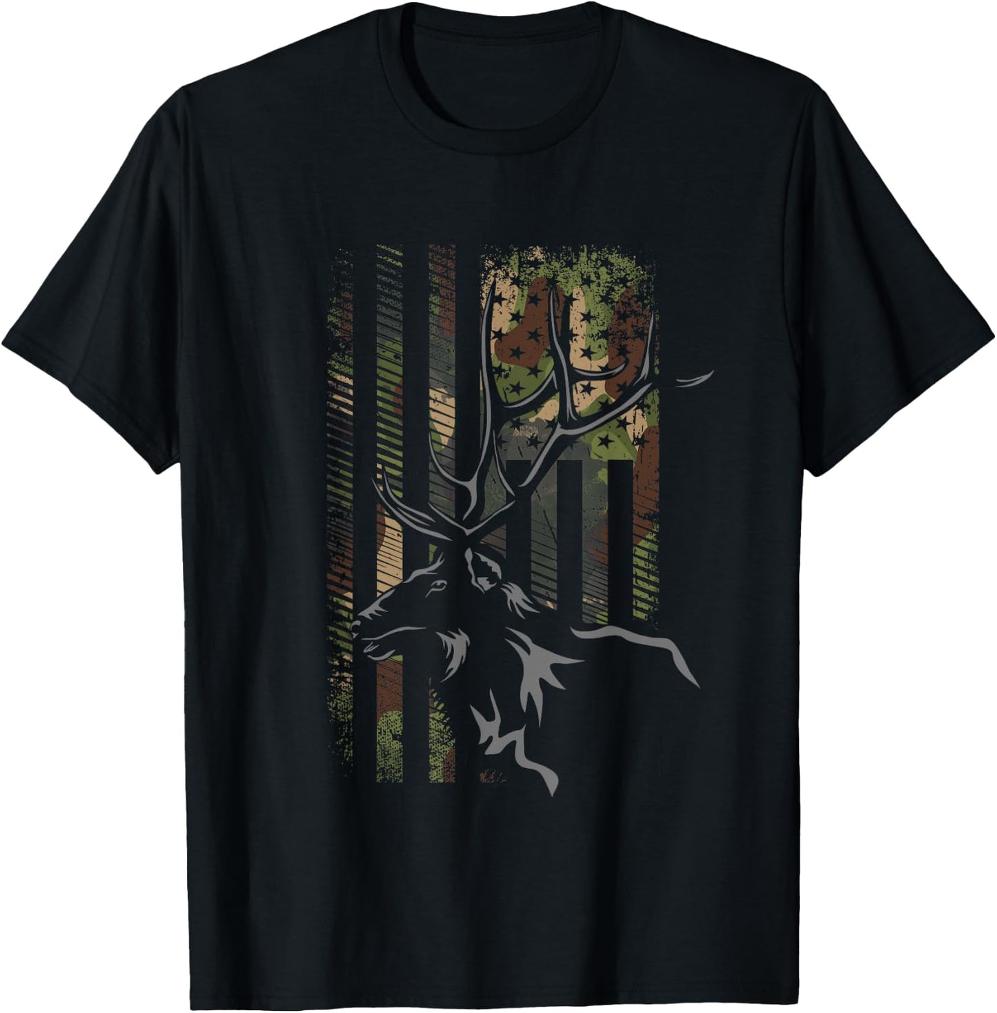 American Flag Camo Camouflage Outdoor Antlers Elk Deer Women Kids Men T-Shirt - T-Shirt | Black