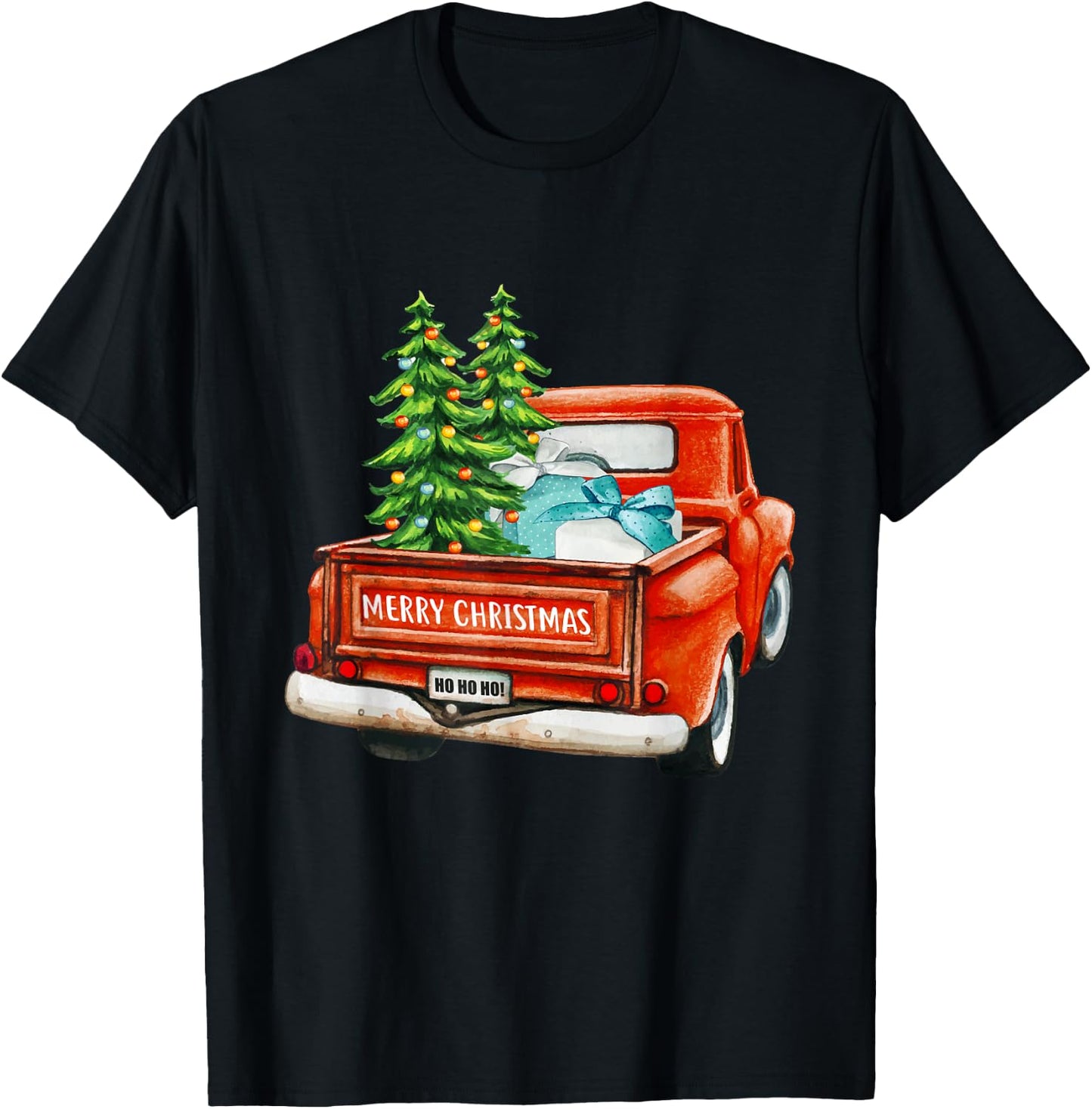 Vintage Wagon Christmas Classic Red Truck Car Xmas Trees T-Shirt - T-Shirt | Black