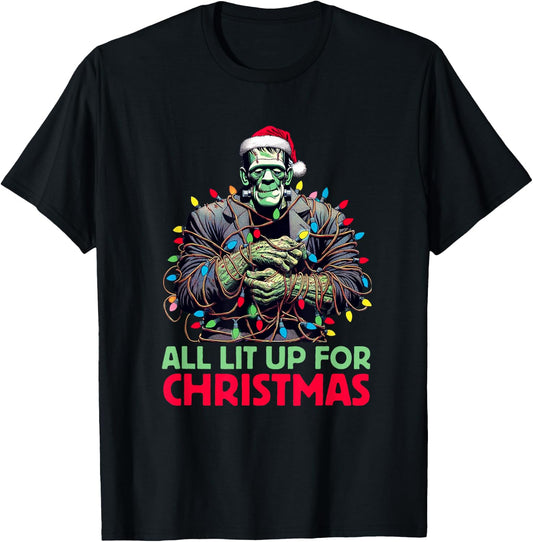 "All Lit Up for Christmas" - Frankenstein's Monster Holiday T-Shirt - T-Shirt | Black