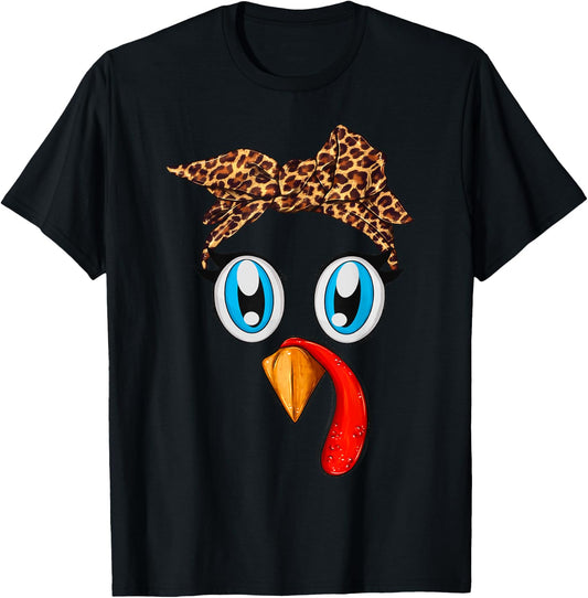 Cute Turkey Face Bandana Leopard Thanksgiving Women Girls T-Shirt - T-Shirt | Black