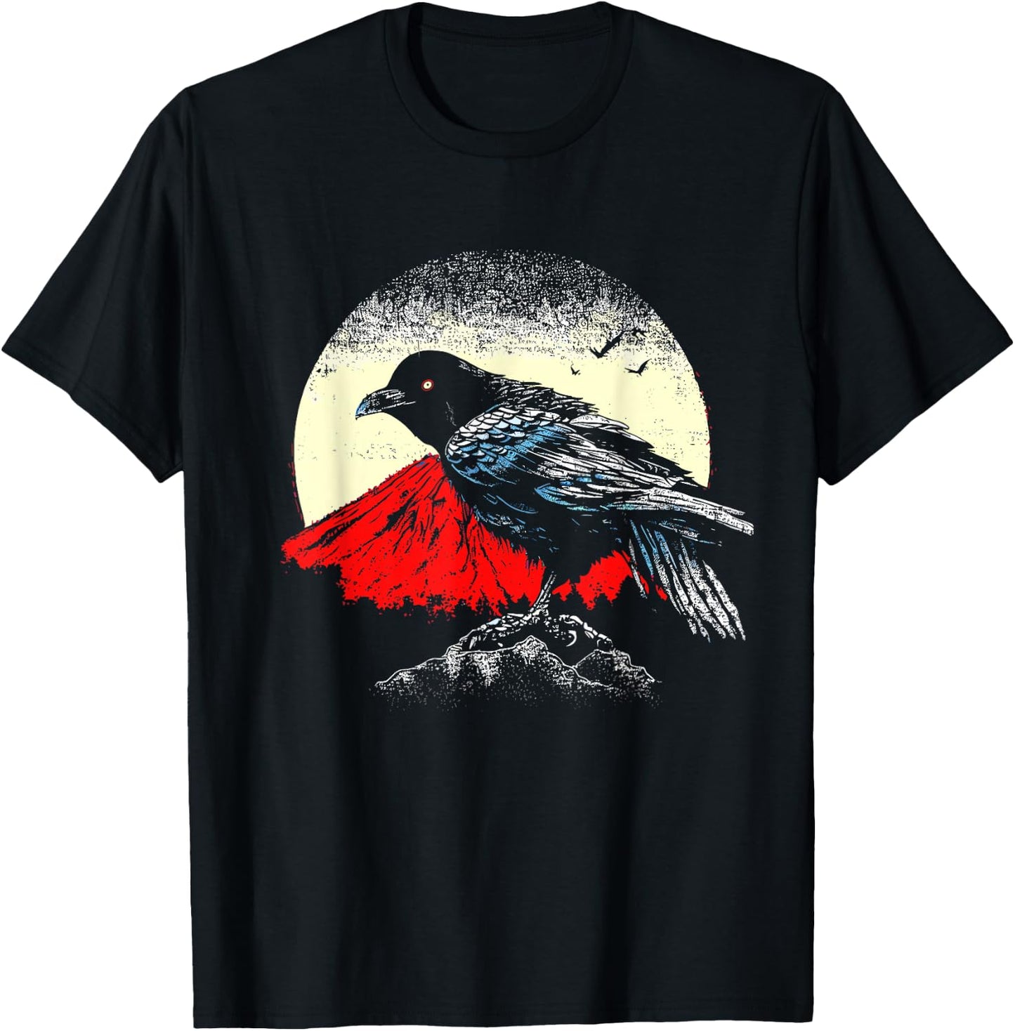 Japanese Art Black Crow Raven Red Moon - Retro Bird T-Shirt - T-Shirt | Black