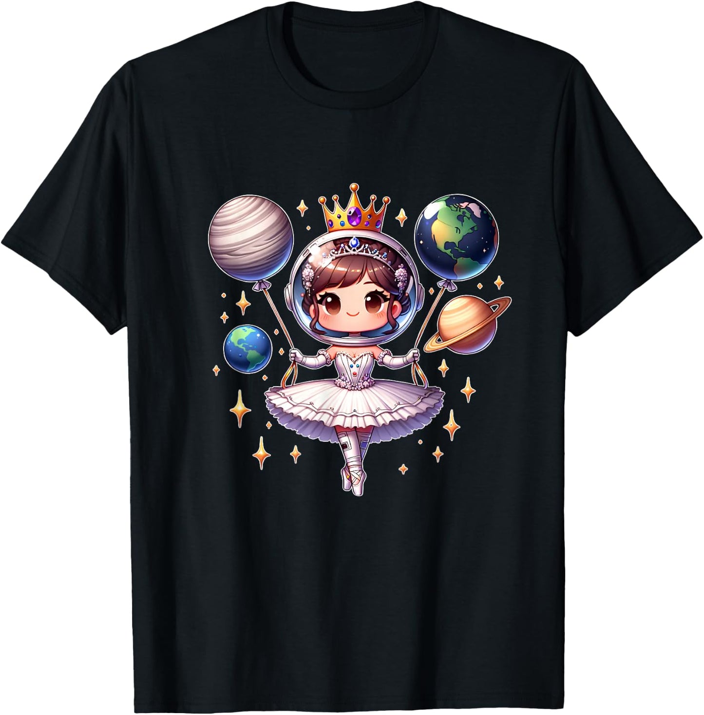 Cute Ballerina Girl Space Astronaut Funny Space Ballons T-Shirt - T-Shirt | Black
