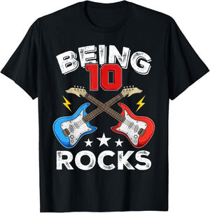 Being 10 Rocks Ten Years Old Boys Girls Guitar 10th Birthday T-Shirt - T-Shirt | Black