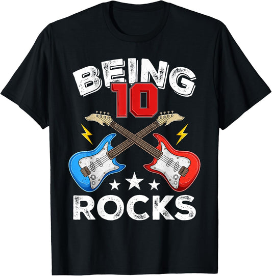 Being 10 Rocks Ten Years Old Boys Girls Guitar 10th Birthday T-Shirt - T-Shirt | Black
