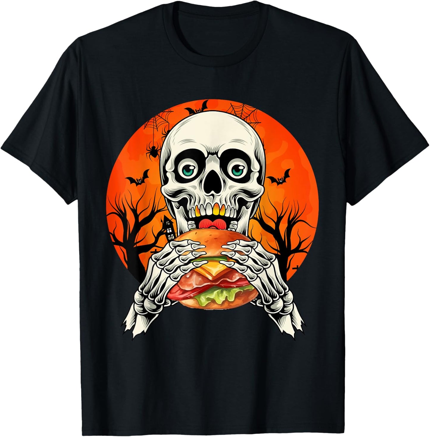 Horror Skeleton Eating Hamburger Halloween Costume Foodies T-Shirt - T-Shirt | Black