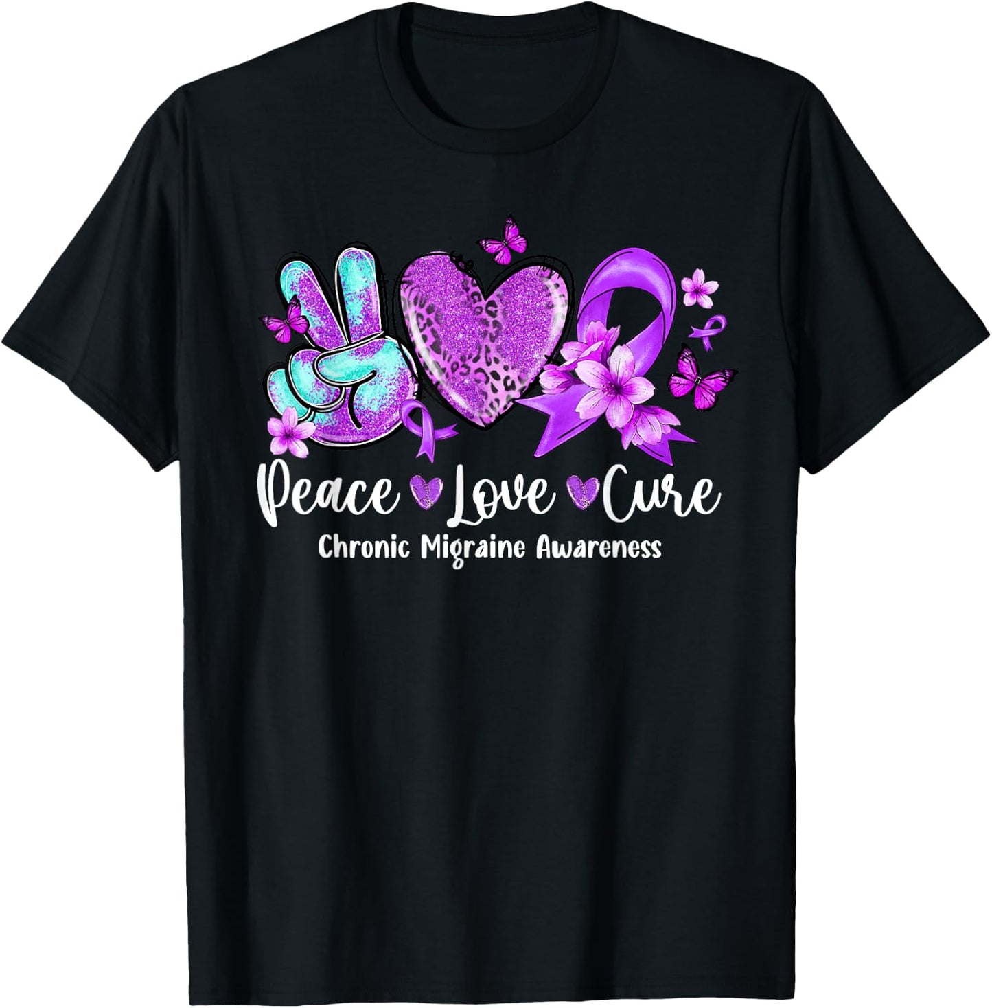 Peace Love Cure Purple Ribbon Chronic Migraine Awareness T-Shirt - T-Shirt | Black