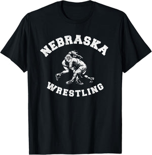 Nebraska Wrestling 80s Distressed Retro Freestyle Wrestlers T-Shirt - T-Shirt | Black