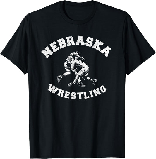 Nebraska Wrestling 80s Distressed Retro Freestyle Wrestlers T-Shirt - T-Shirt | Black