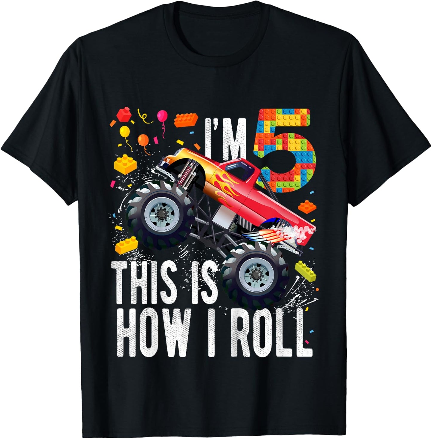 Kids 5 Year Old Building Blocks Monster Truck 5th Birthday Boy T-Shirt - T-Shirt | Black